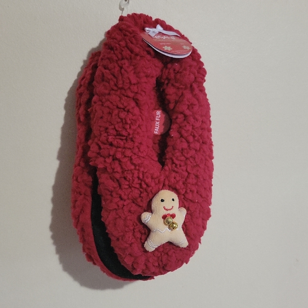 Red Fuzzy Slipper with Gingerbread Man Accent